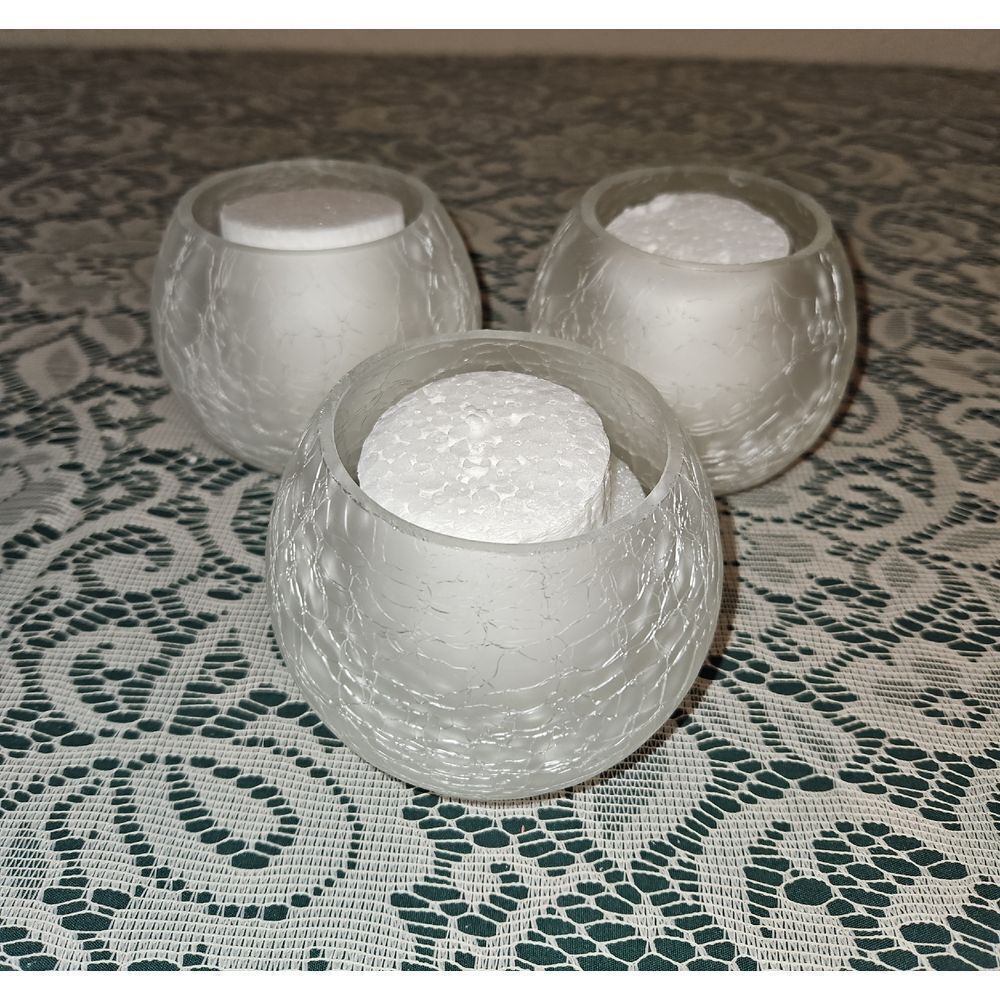 Set Of 3 White Frosted Crackle Glass Votive Candle Holders